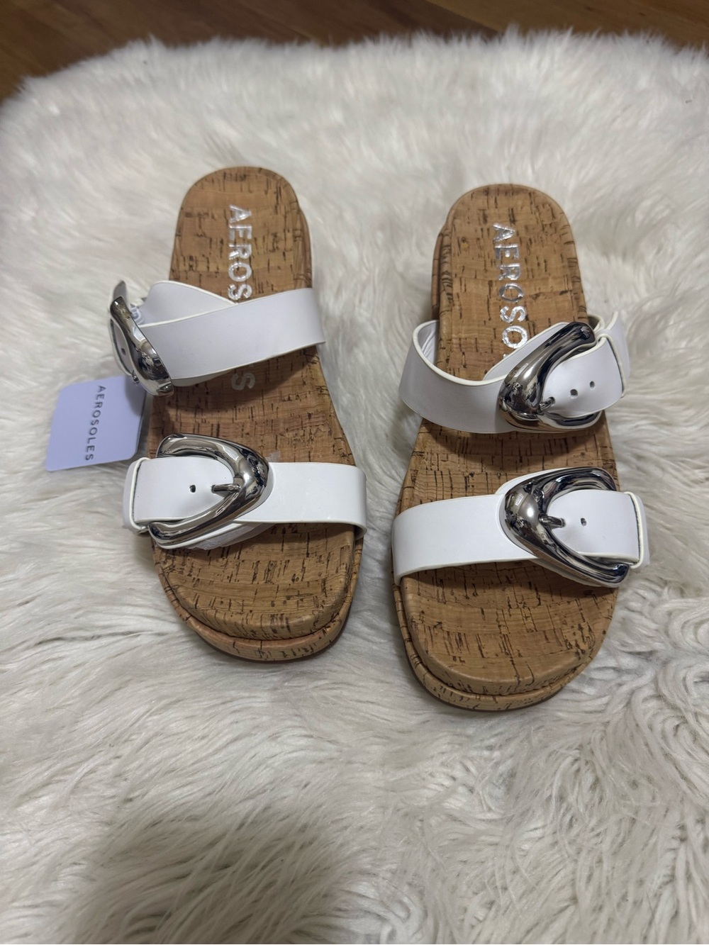 AEROSOLES White Cork-Effect Slide Sandals with Silver Buckles